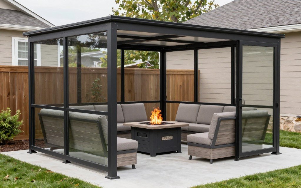 fire pit with windbreak screening and weather protection