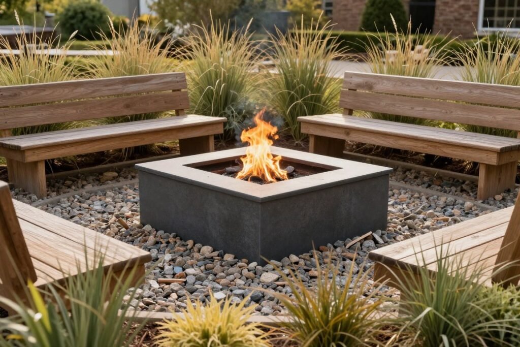 fire pit zone with crushed stone and landscaping