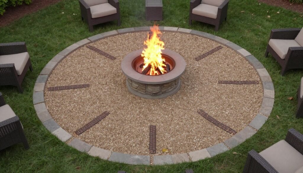 fire pit zone with stone border and gravel fill
