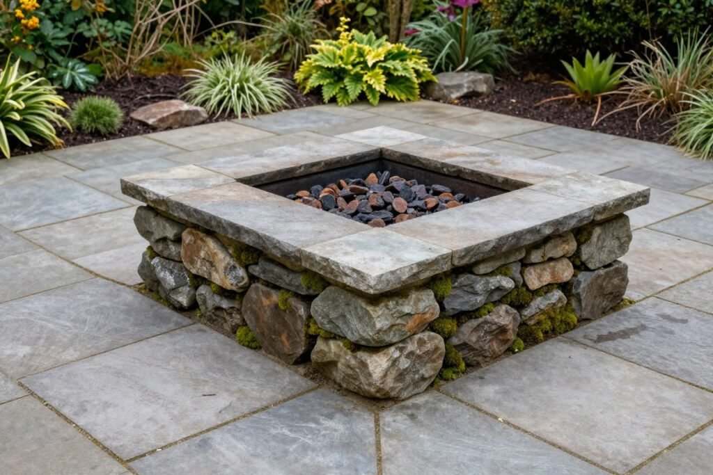 flagstone fire pit with matching patio surface