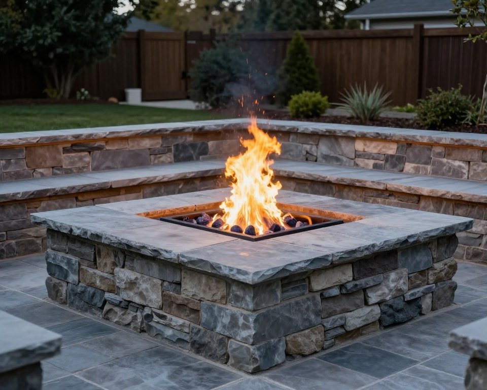 flagstone fire pit with wide seating ledge