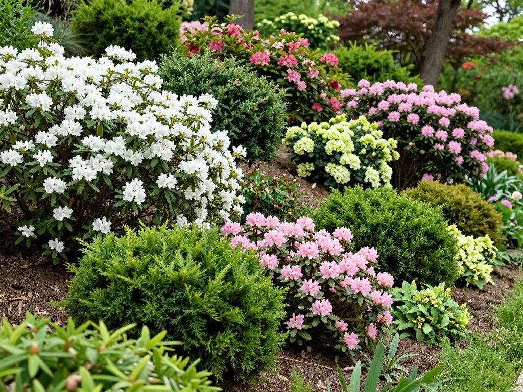 flowering shrubs and evergreen bushes planted on hillside slope for landscaping