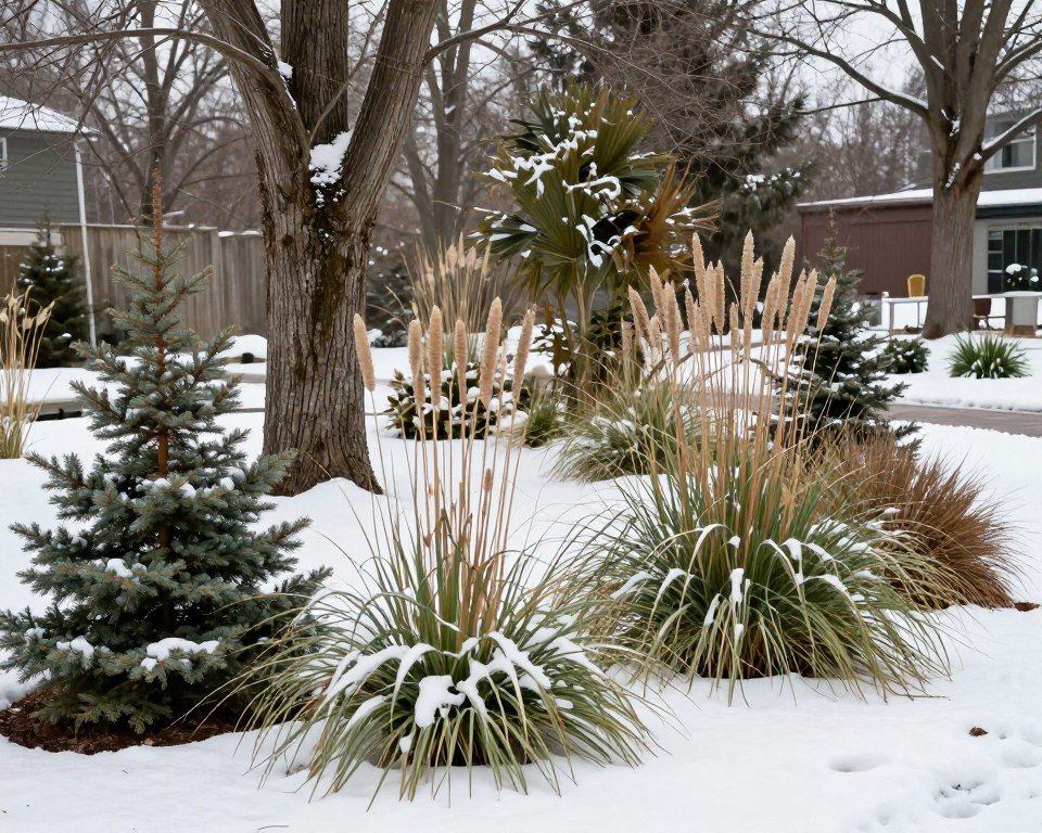 four-season cold-climate garden with evergreens and winter interest features