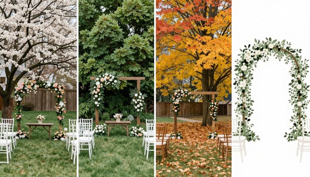 four seasons backyard wedding inspiration showing different seasonal setups four seasons backyard wedding inspiration showing different seasonal setups