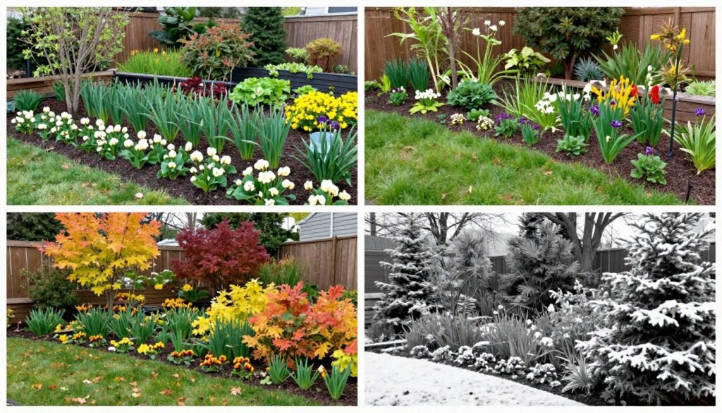 four seasons view of sloped backyard landscape showing year-round interest