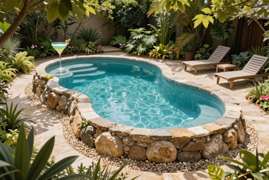 freeform cocktail pool with natural stone edge and surrounding gardens