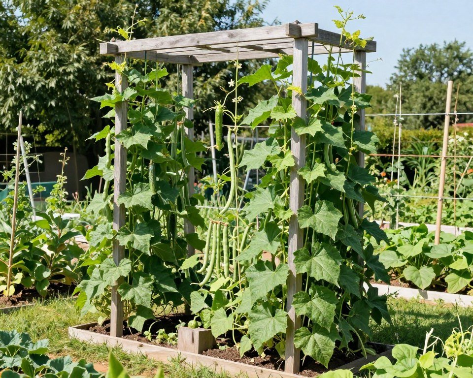 freestanding garden trellis with climbing vegetables like beans and cucumbers