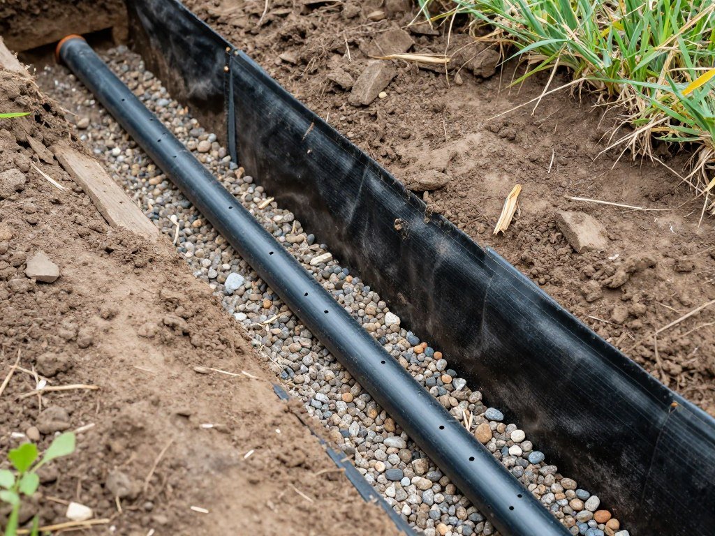 french drain installation showing gravel and perforated pipe system