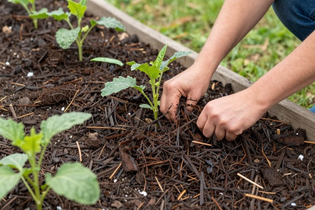 fresh mulch being applied around plants in garden bed