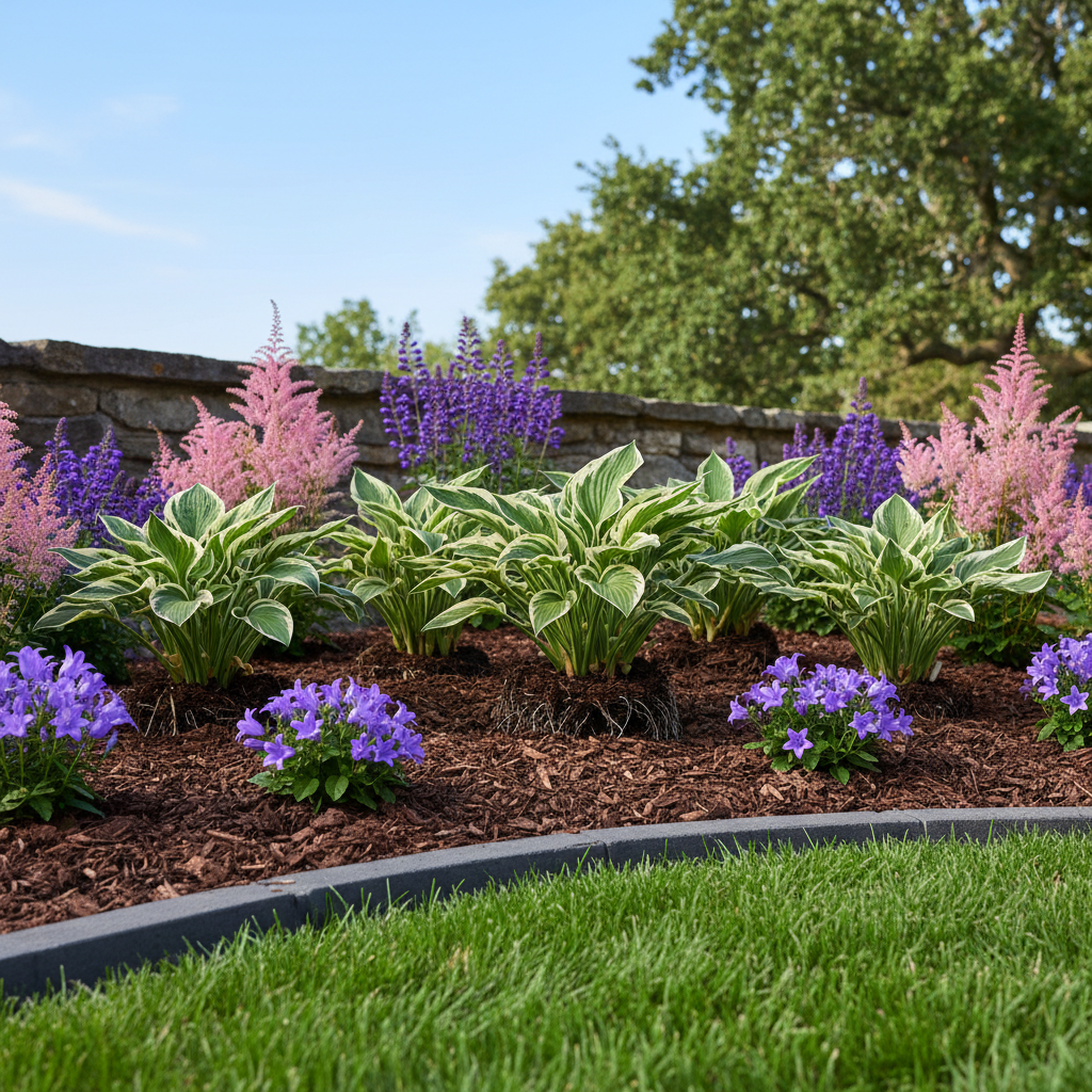 garden bed with divided hostas and mulch border