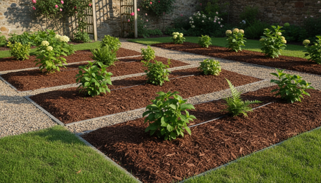 garden beds with fresh mulch application and weed-free appearance