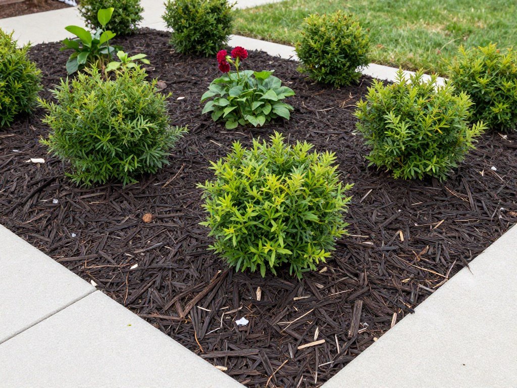 garden beds with thick layer of dark wood chip mulch around plants