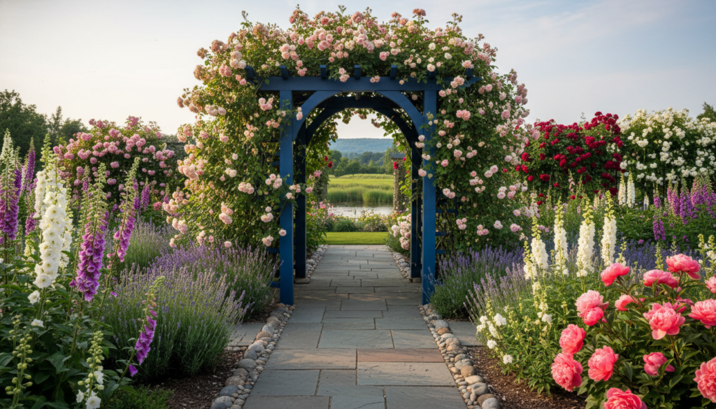garden focal point featuring colorful arbor with climbing roses