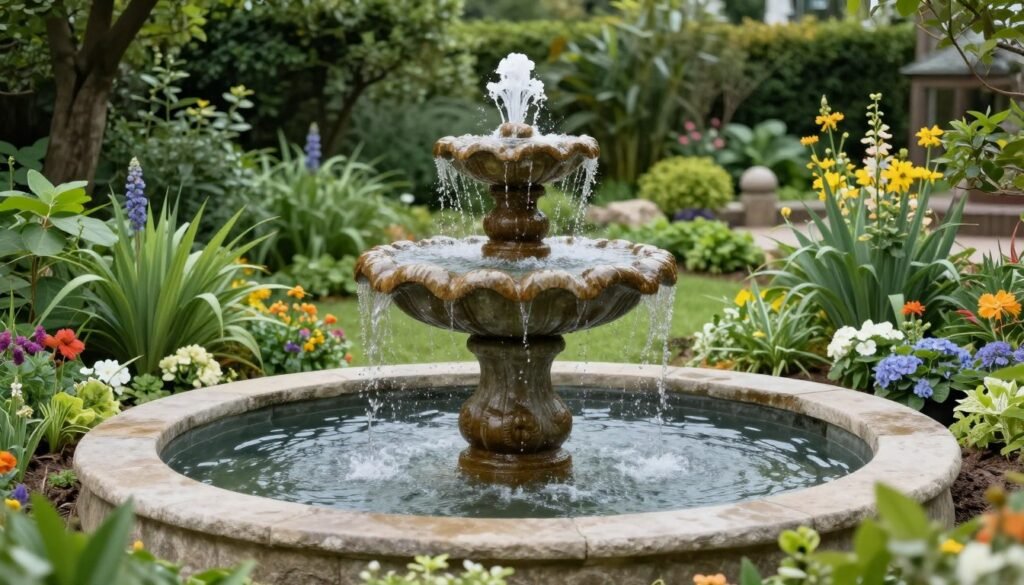 garden fountain surrounded by landscaping