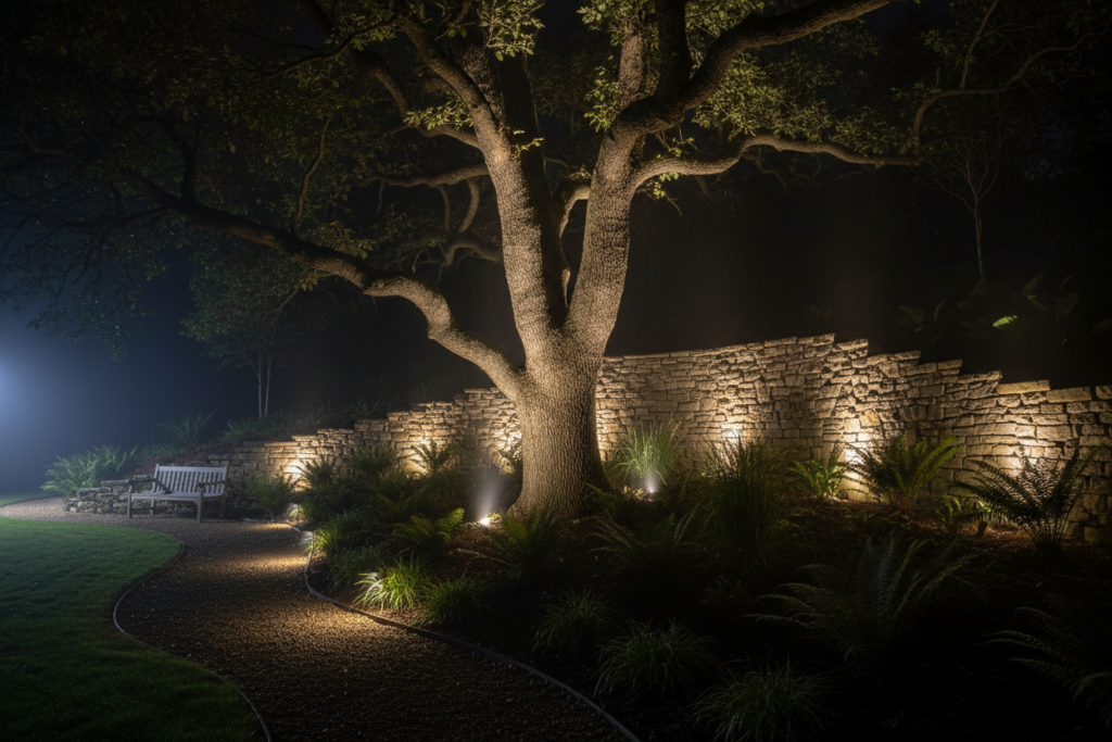 garden uplighting illuminating tree and stone wall at night