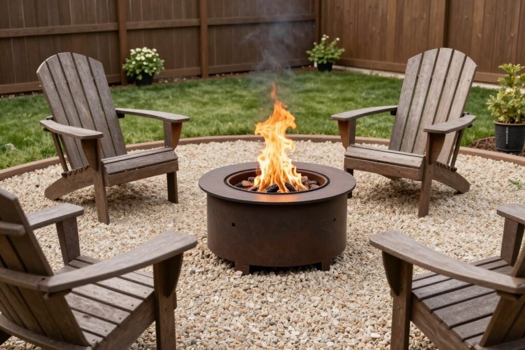 gravel fire pit area with simple seating and budget materials