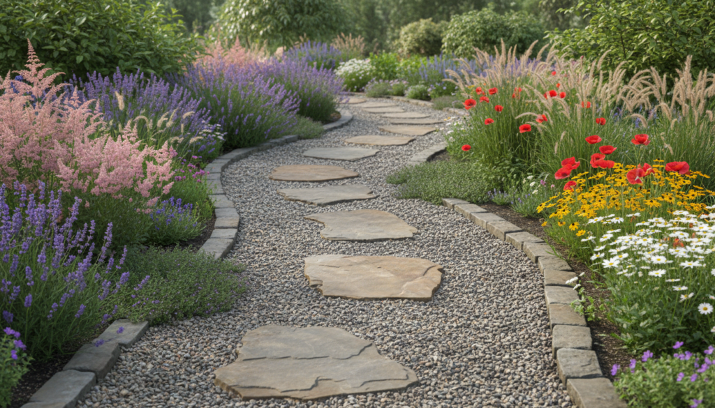gravel pathway with stepping stones through garden
