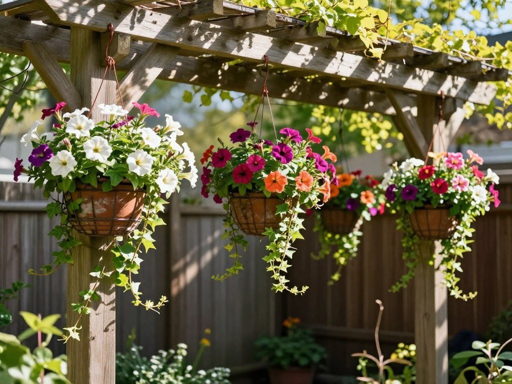 hanging flower baskets suspended from pergola in small backyard space