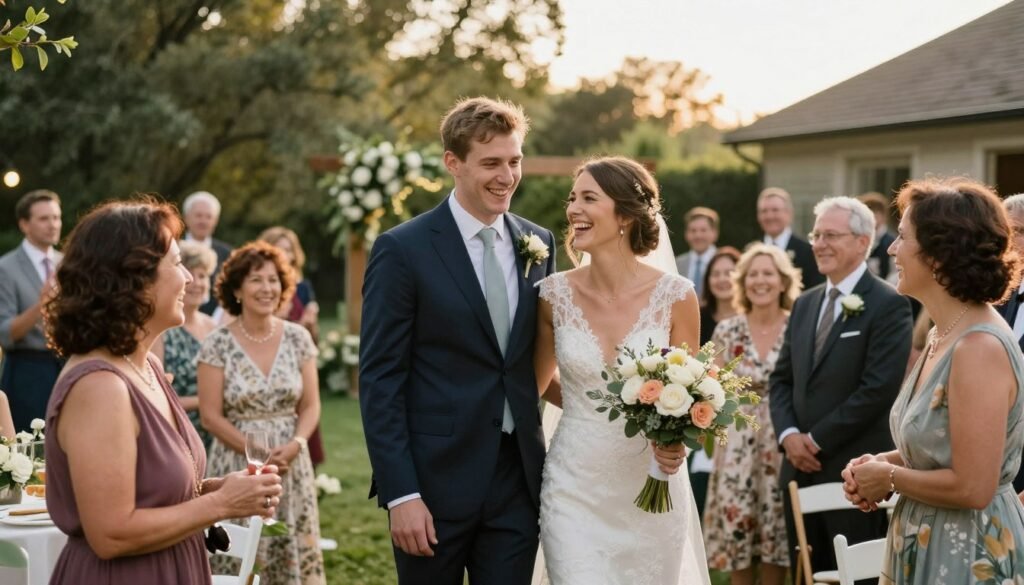 happy couple at their successful small backyard wedding celebration happy couple at their successful small backyard wedding celebration