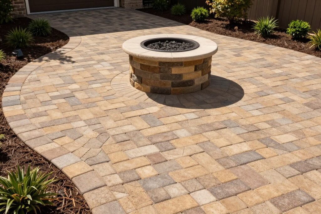herringbone paver patio with centered fire pit