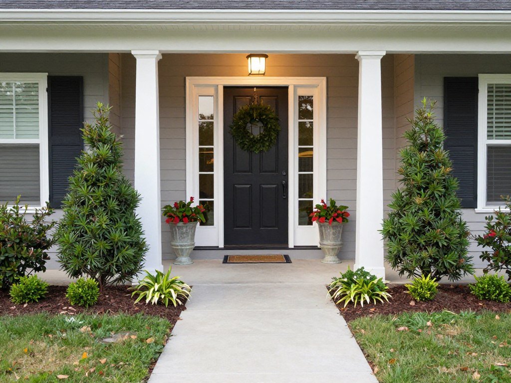 home entrance with welcoming front door surrounded by landscaping