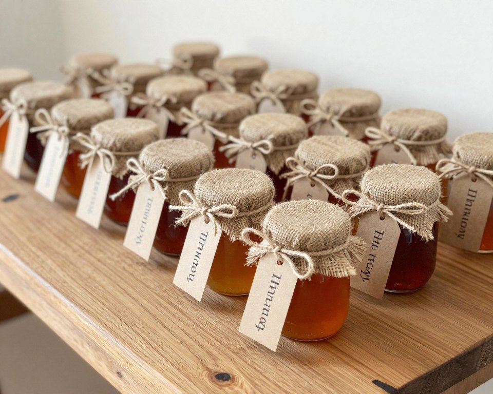 homemade wedding favors displayed on rustic table with thank you tags