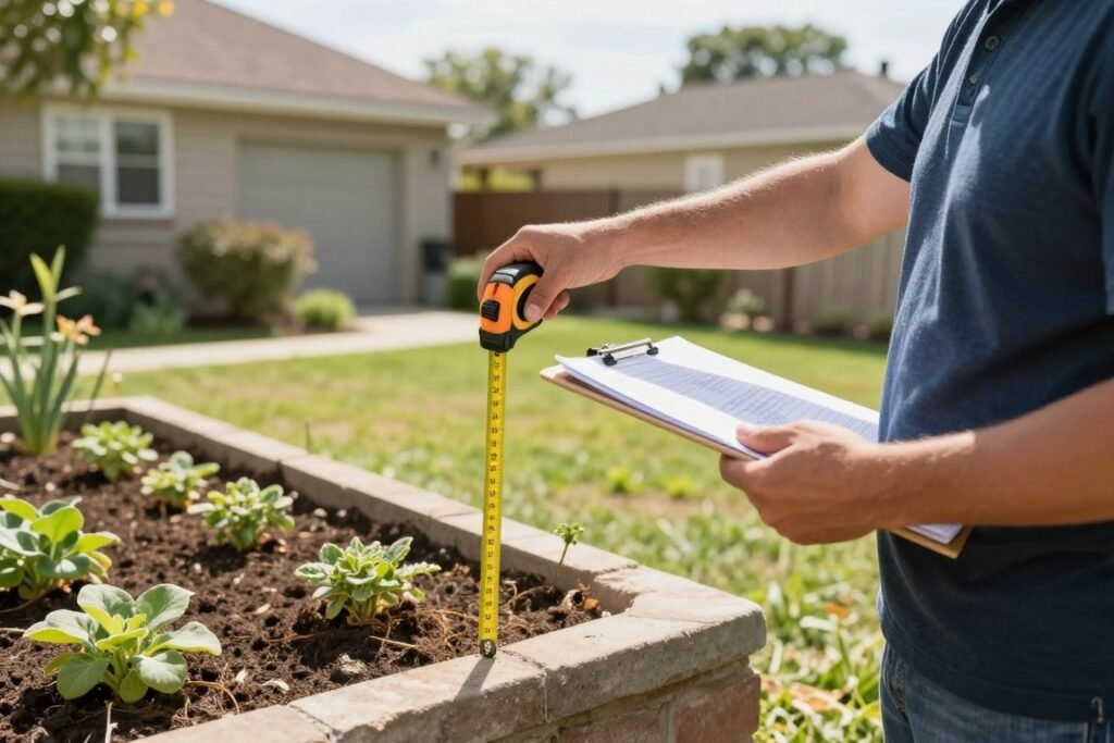 homeowner measuring backyard dimensions with measuring tape near garden bed
