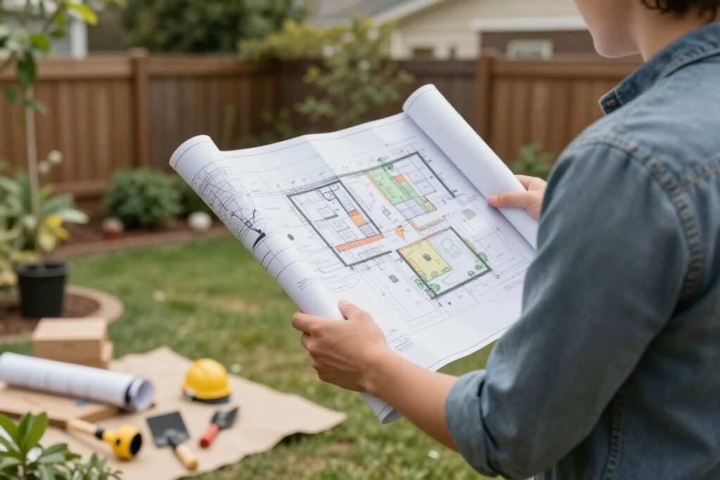homeowner reviewing landscaping plans in their small backyard