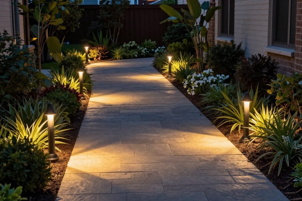 illuminated garden pathway with landscape lights