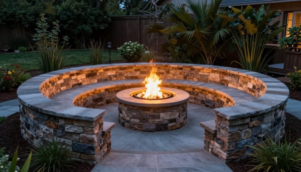 in-ground fire pit sunken into patio with built-in seating