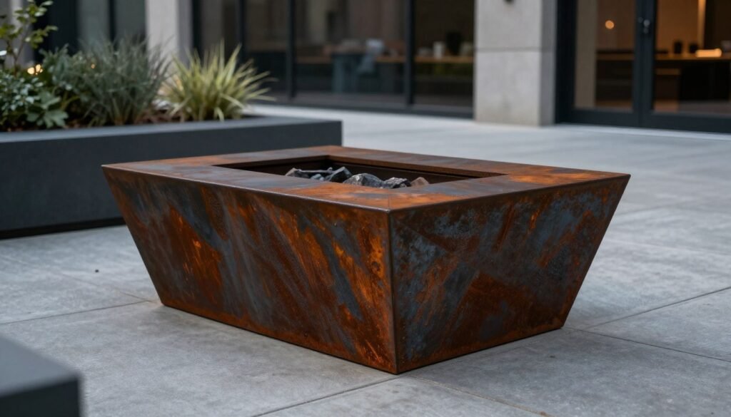 industrial metal fire pit with weathered steel finish
