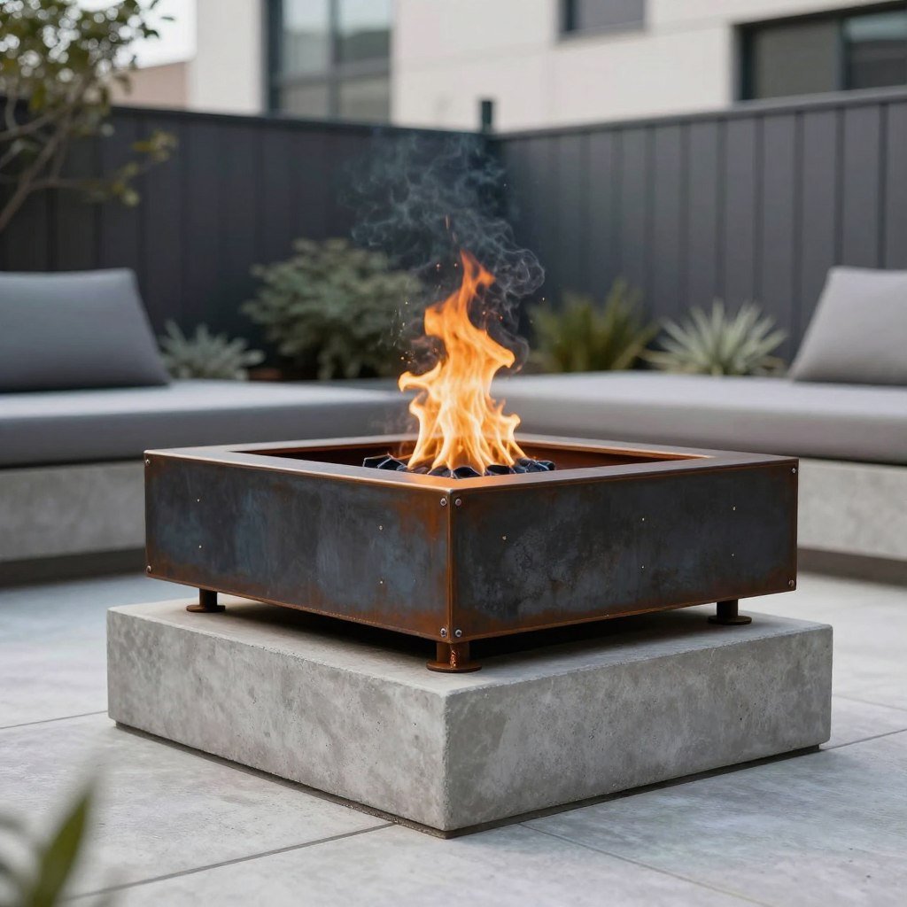 industrial-style fire pit with metal and concrete materials