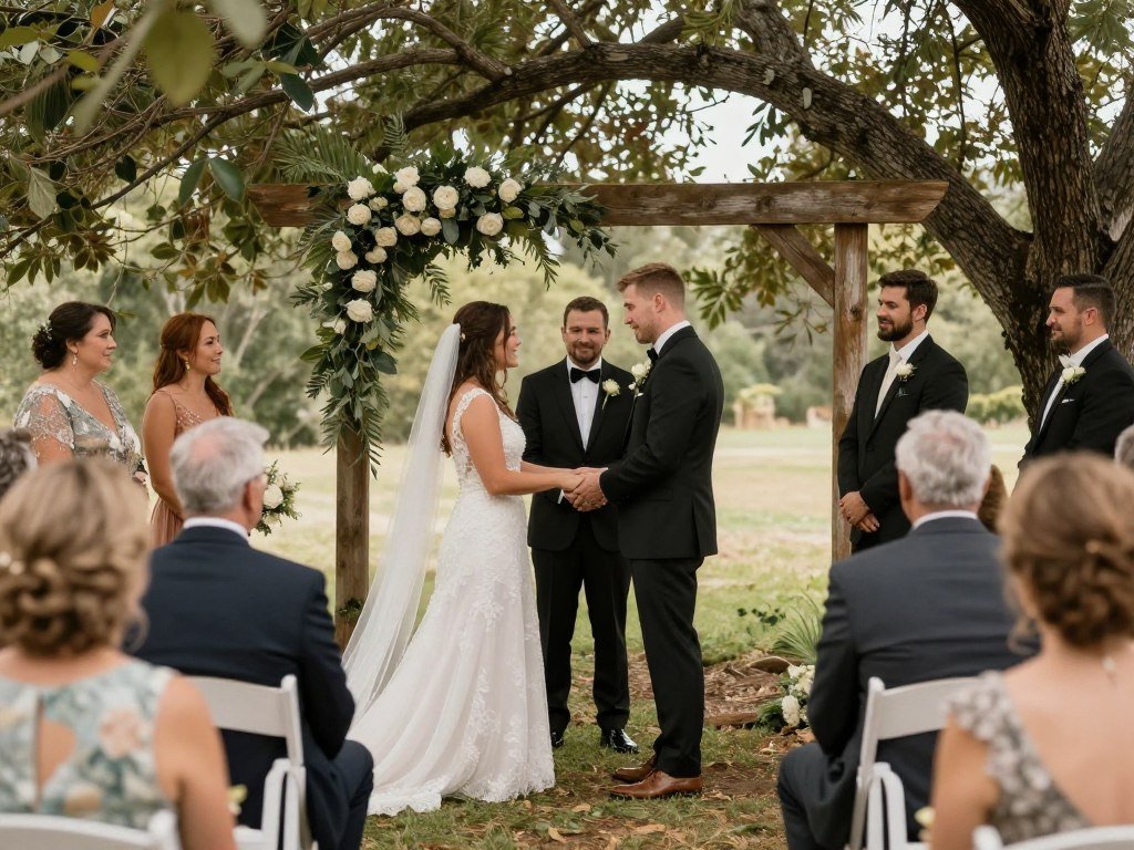 intimate backyard wedding ceremony with family and friends gathered