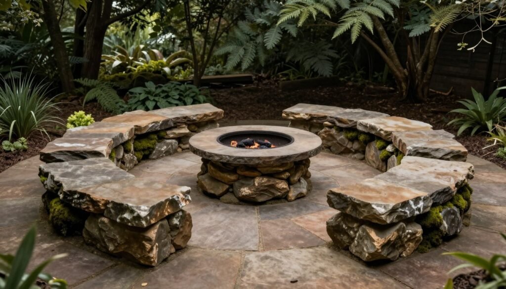 irregular flagstone patio with fire pit and natural spacing