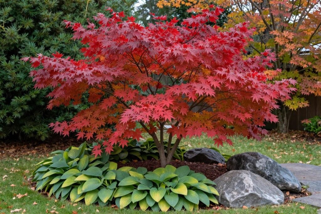 japanese maple tree providing seasonal color in small backyard corner
