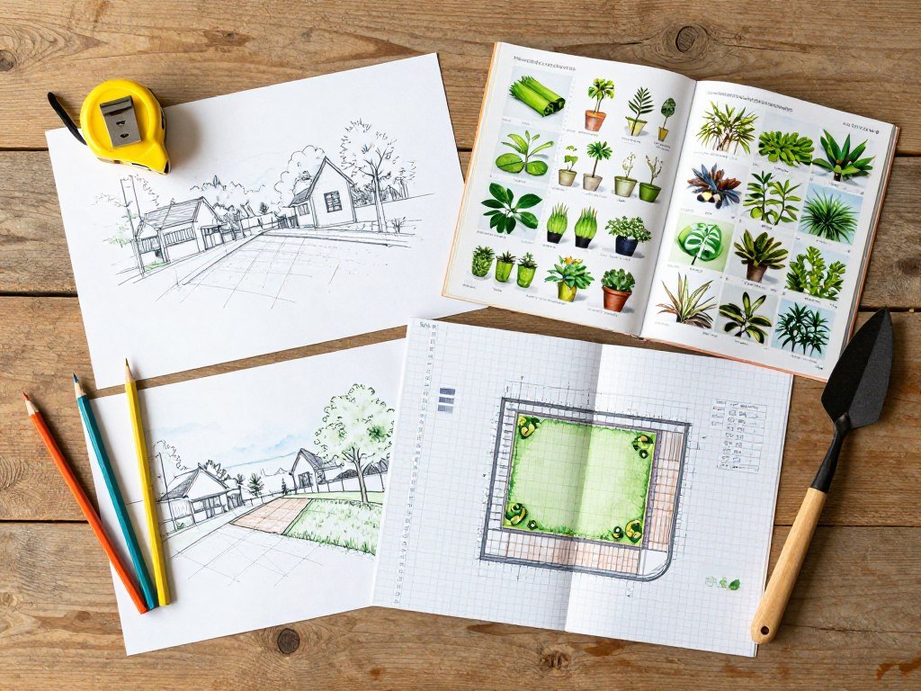 landscape design planning sketches and tools on wooden table with yard measurements
