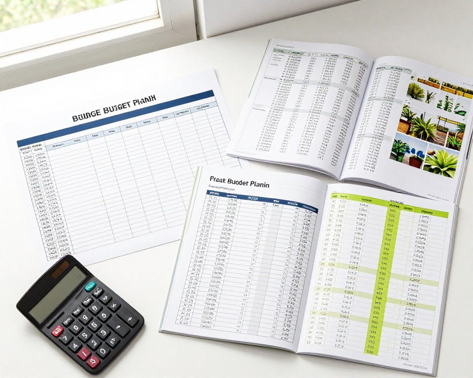 landscaping budget spreadsheet with calculator and plant pricing notes