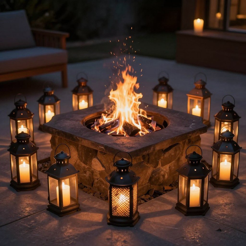 lanterns and candles around fire pit