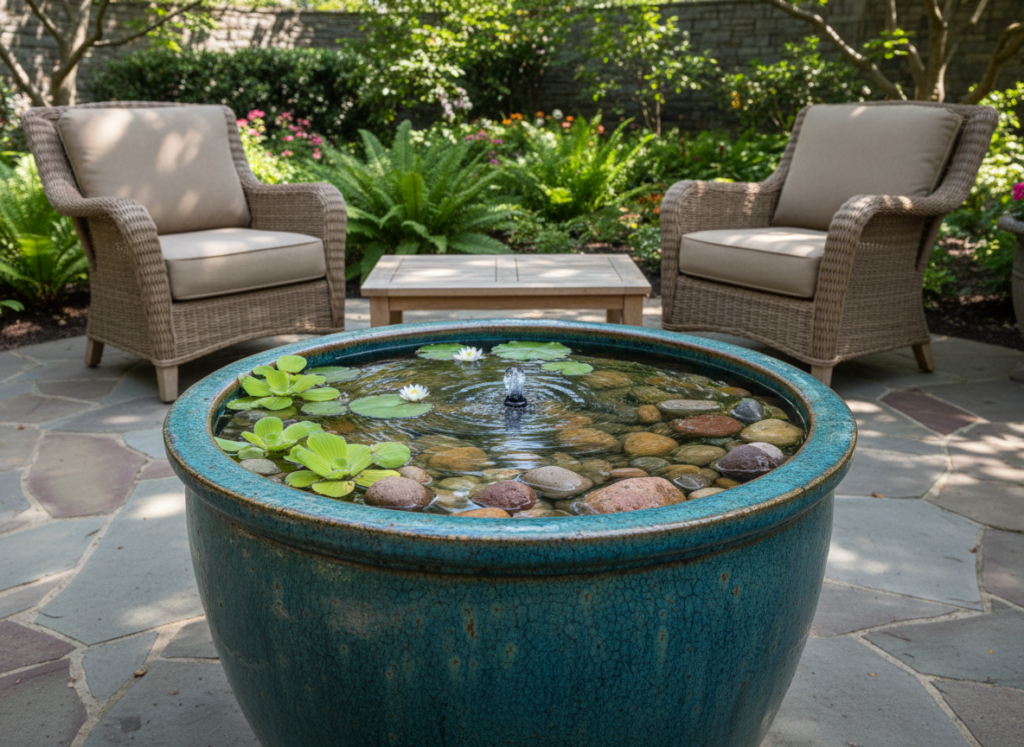 large ceramic pot fountain with pump and water plants
