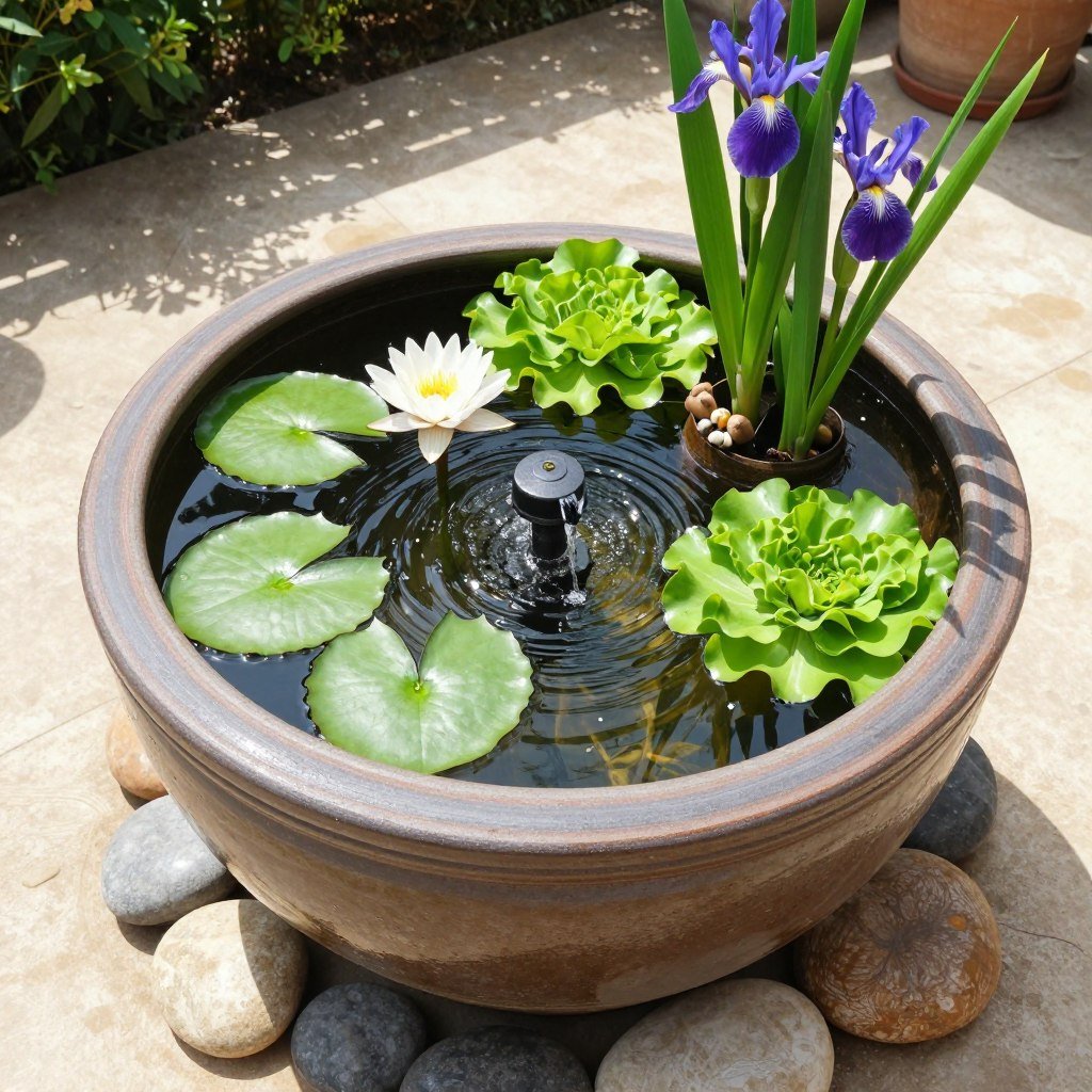 large container water garden with aquatic plants on small backyard patio