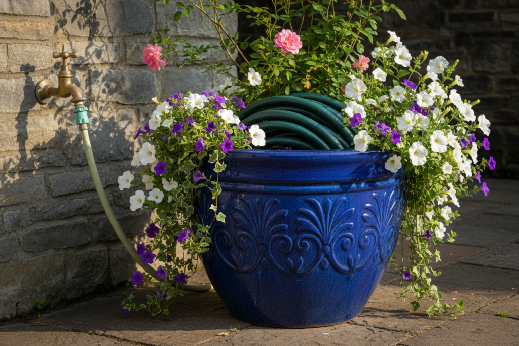 large decorative pot storing coiled garden hose with plants on top