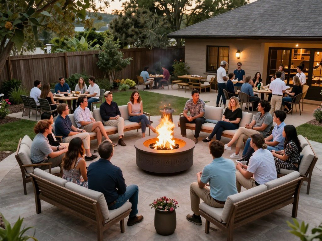 large group seating around expansive fire pit