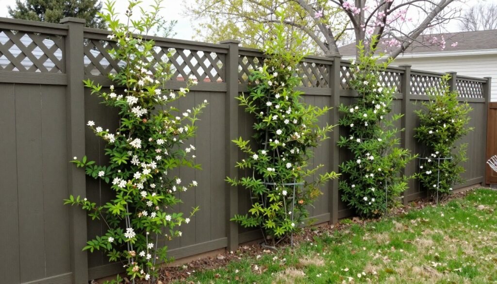 lattice panel fence topper with climbing plants in small backyard