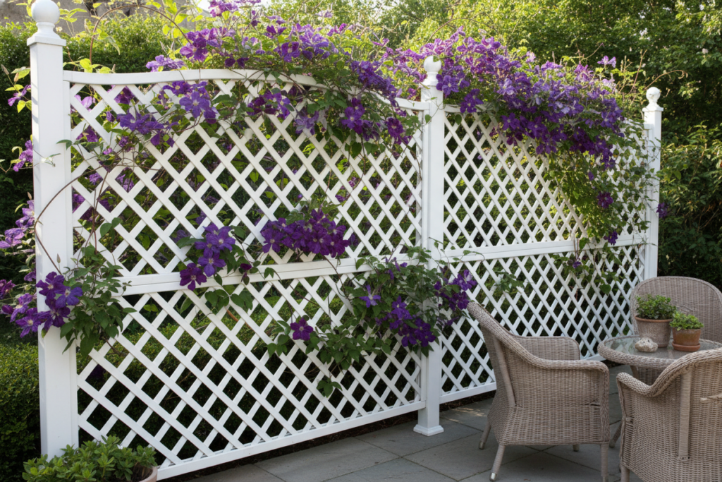 lattice privacy screen with climbing vines and flowers