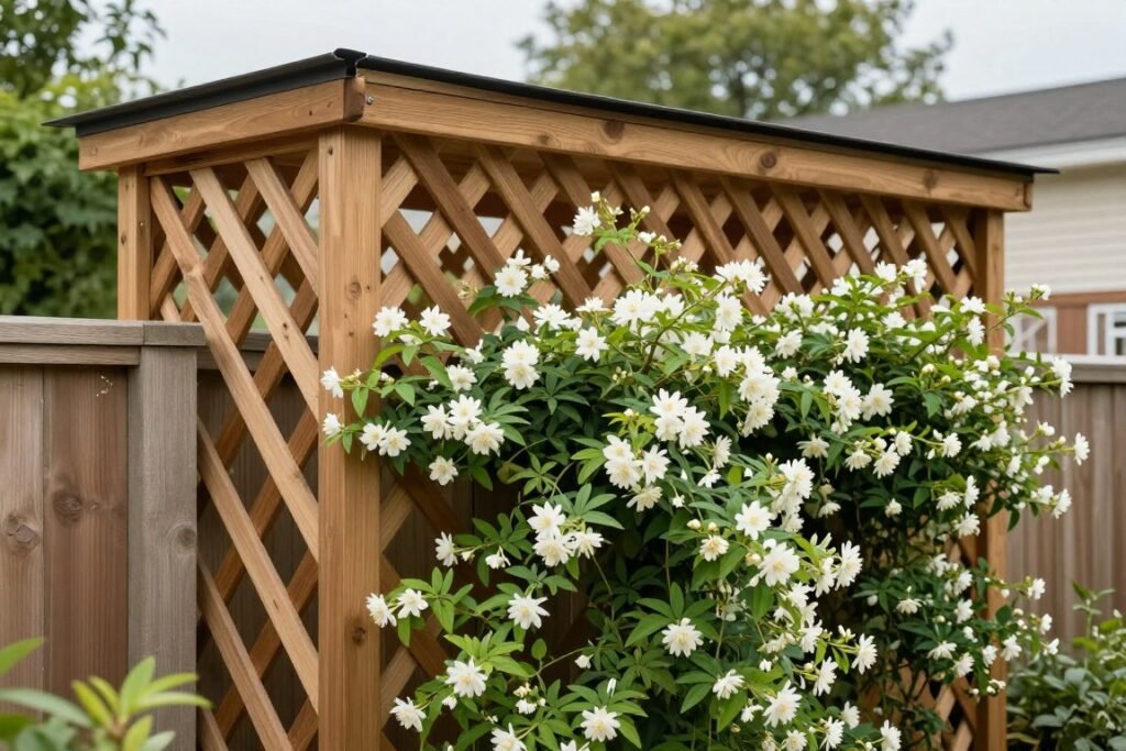 lattice privacy screen with climbing vines on backyard fence extension