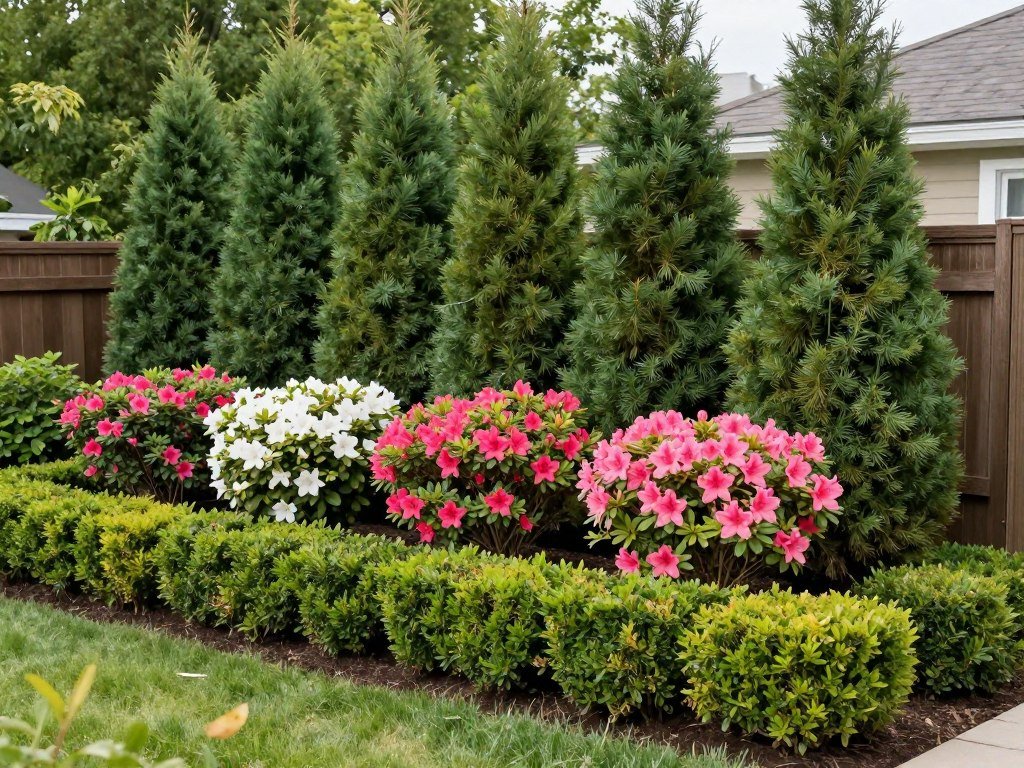 layered privacy planting with shrubs at different heights in small backyard