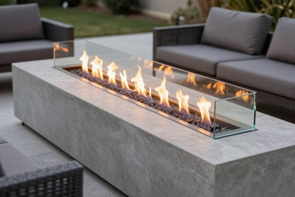 linear gas fire pit with glass windscreen