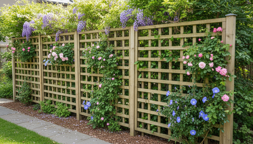 living privacy screen made from climbing plants on trellis