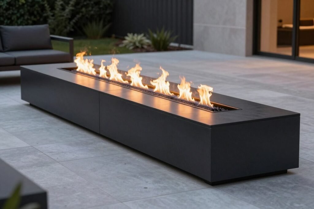 long linear fire pit with contemporary design