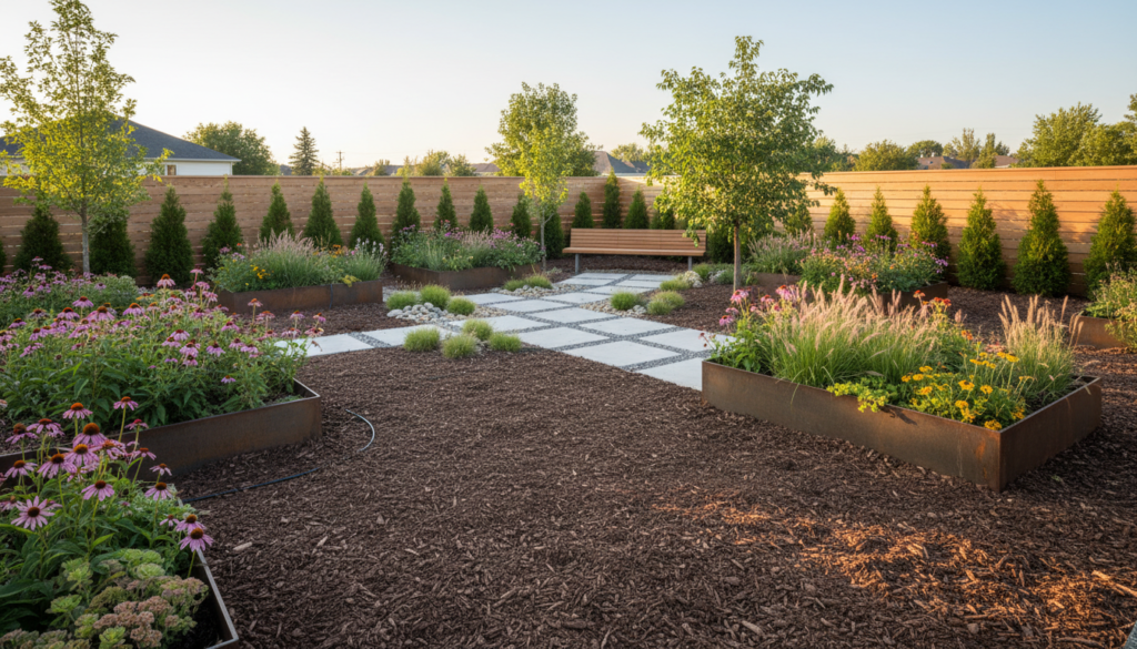 low maintenance backyard with mulch native plants and simple design